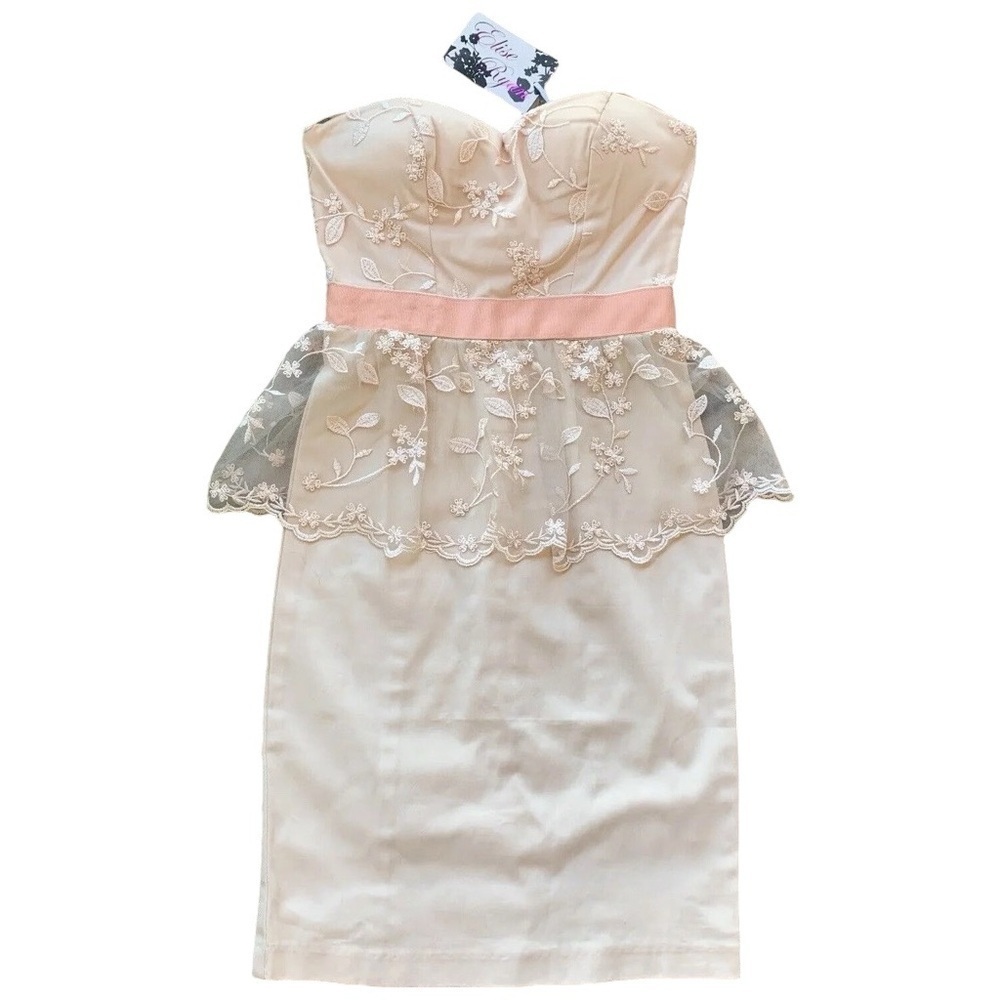 Elise Ryan Lace Embroidered Peplum Cocktail Dress Peach Beige Size UK 6 US 2